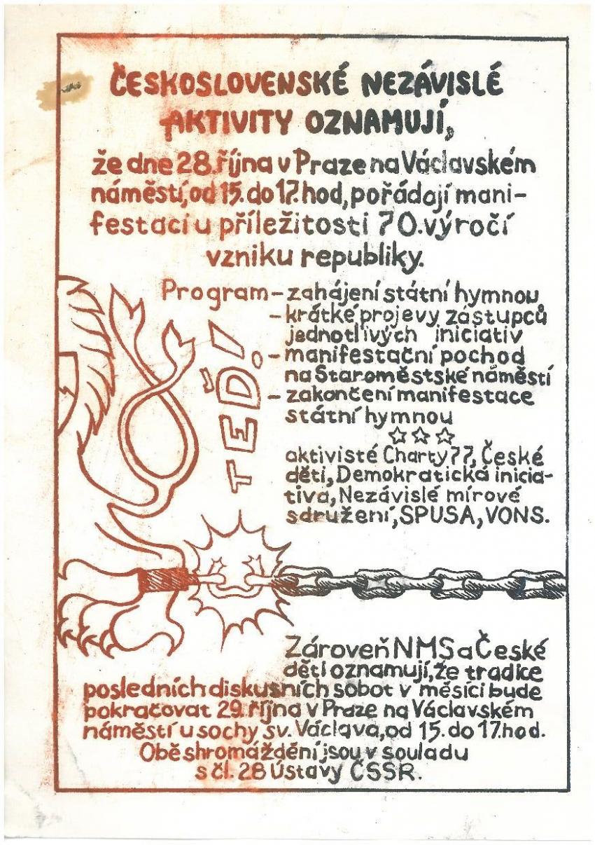 Pozvánka na demonstraci 28. října 1988. Zdroj: Paměť národa