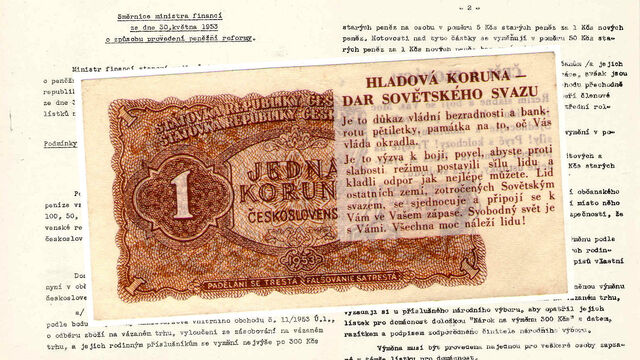 Líc bankovky „hladová koruna“, kterých od 13. do 18. července 1953 rozhlasová stanice Svobodná Evropa poslala na československé území v balonech bylo na devět milionů. Zdroj: Archiv bezpečnostních složek ČR