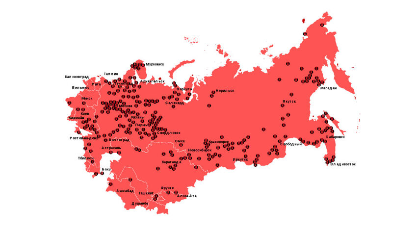 Síť gulagů mezi roky 1923 a 1961. Zdroj: Wikimedia Commons