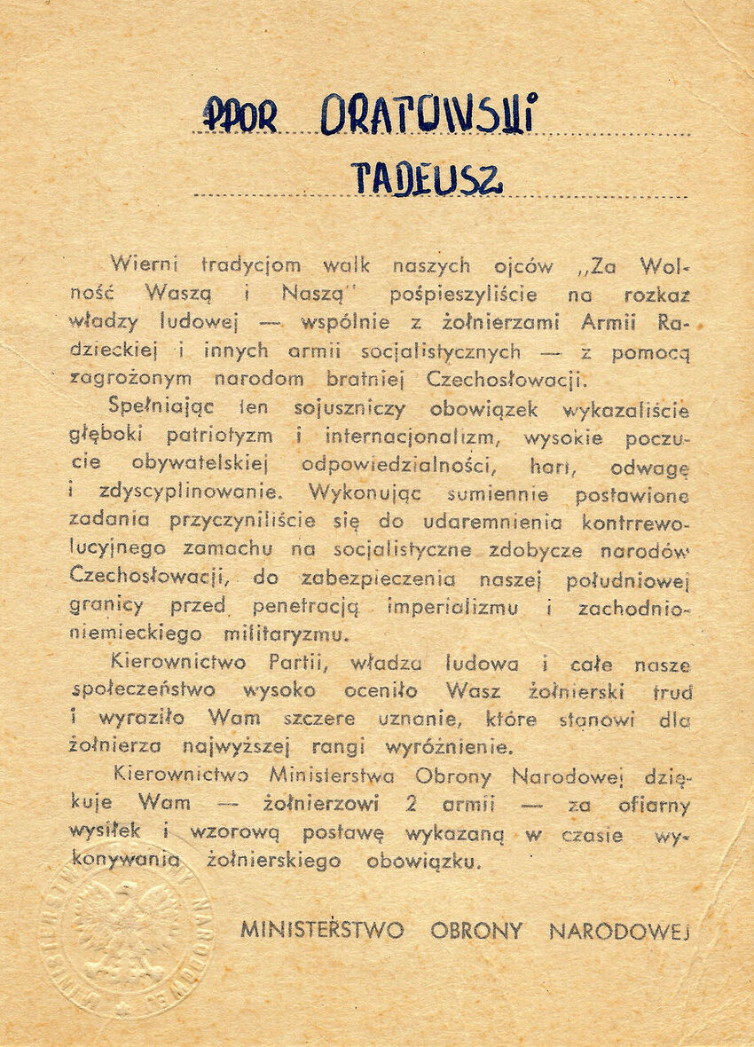 Poděkování polského ministerstva obrany, které v srpnu 1968 vedl Wojciech Jaruzelski, za účast v invazi.