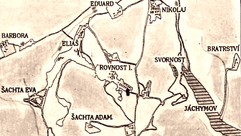 Rozmístění jáchymovských dolů v roce 1952